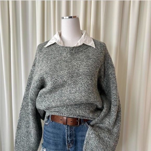 Vintage 90s Lands' End Green Marled Wool Crewneck Sweater |Cozy Grandpacore Knit - Picture 2 of 10